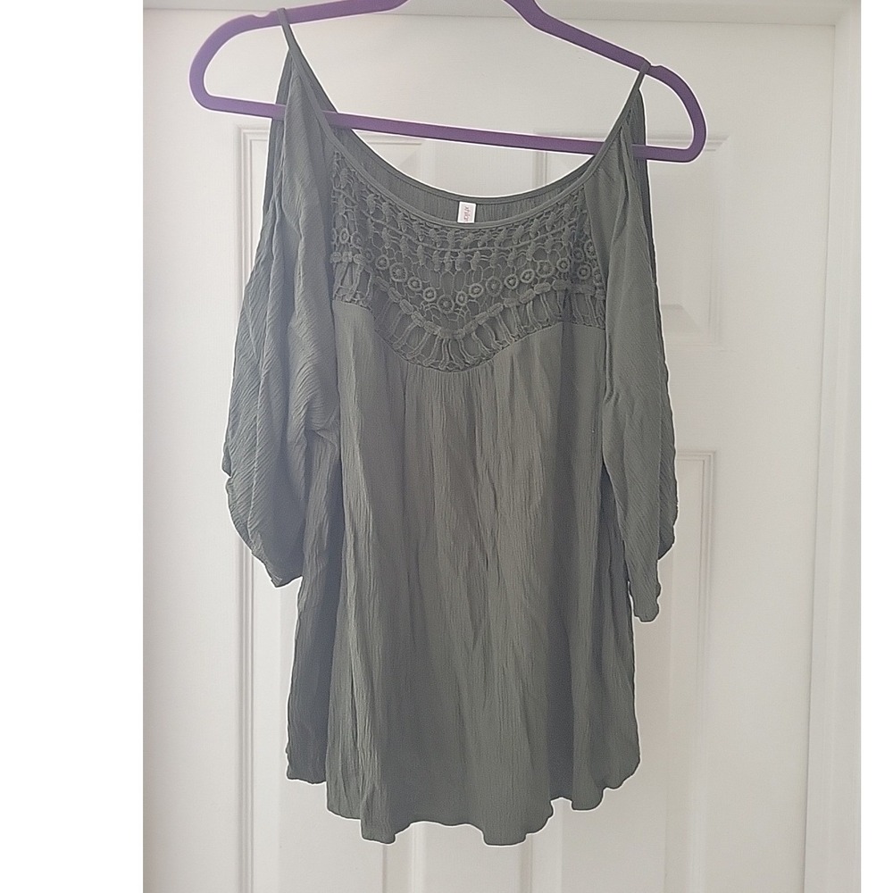 Xhilaration Olive Green Cold Shoulder Crochet Lace Yoke Boho Blouse XXL